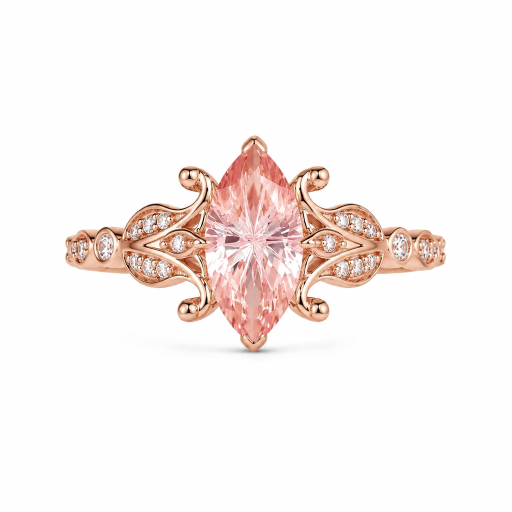 Marquise Pink Morganite Ring with Filigree Design