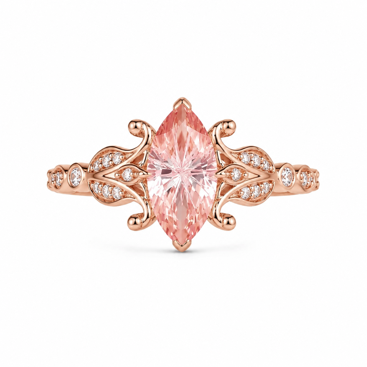 Marquise Pink Morganite Ring with Filigree Design