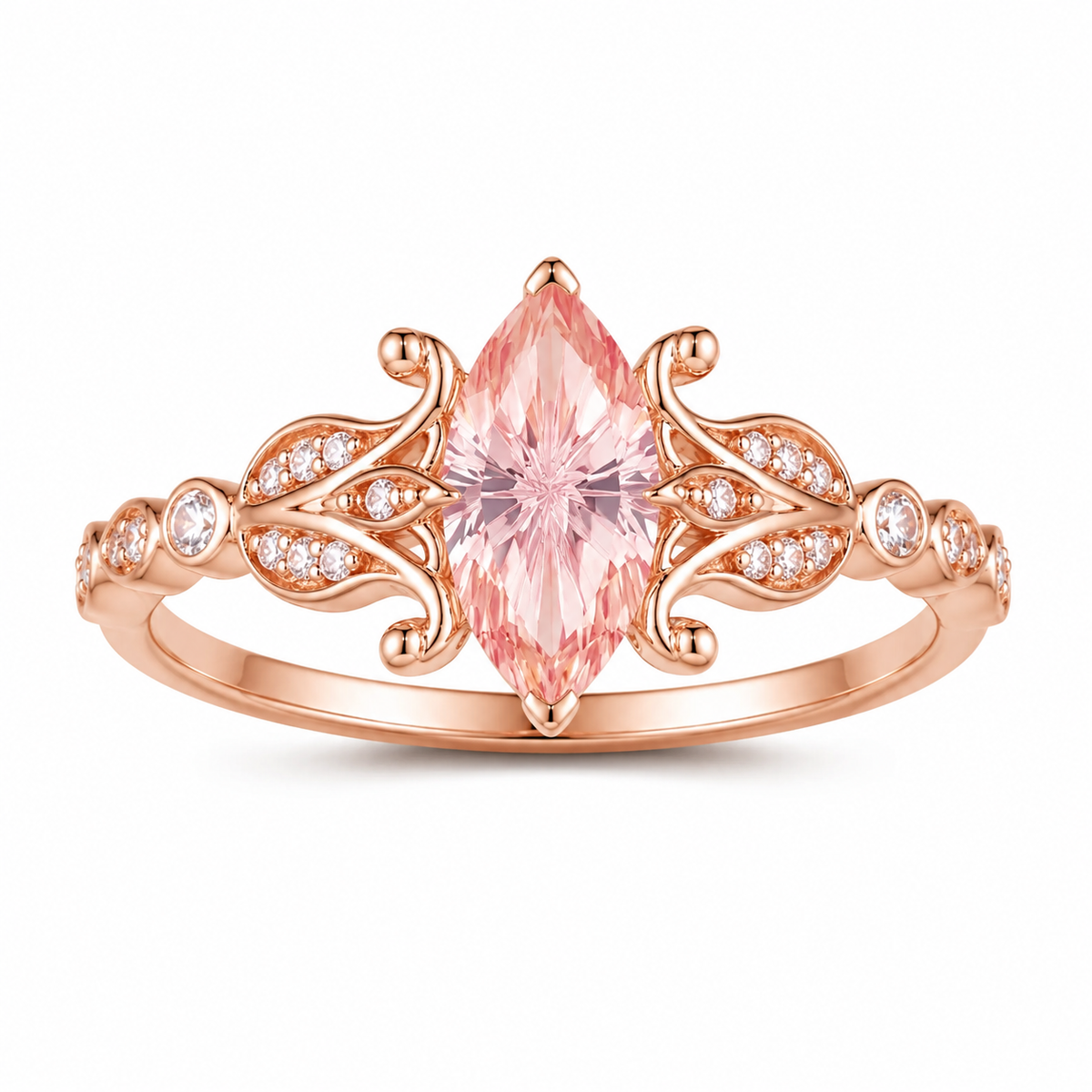 Marquise Pink Morganite Ring with Filigree Design