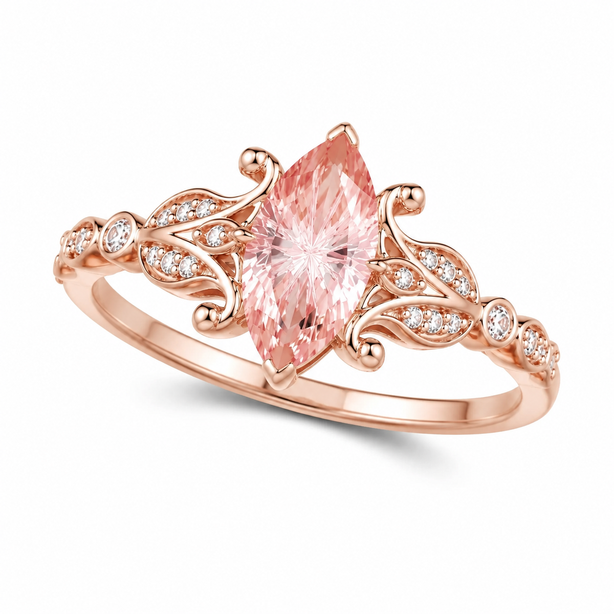 Marquise Pink Morganite Ring with Filigree Design